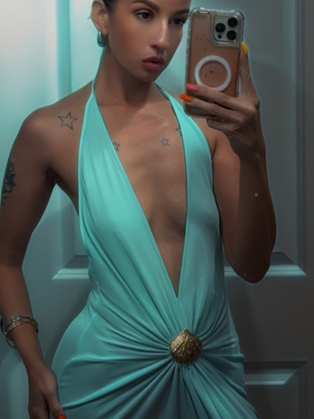 SHEIN Aqua Plunge Halter Maxi Dress with Gold Accent